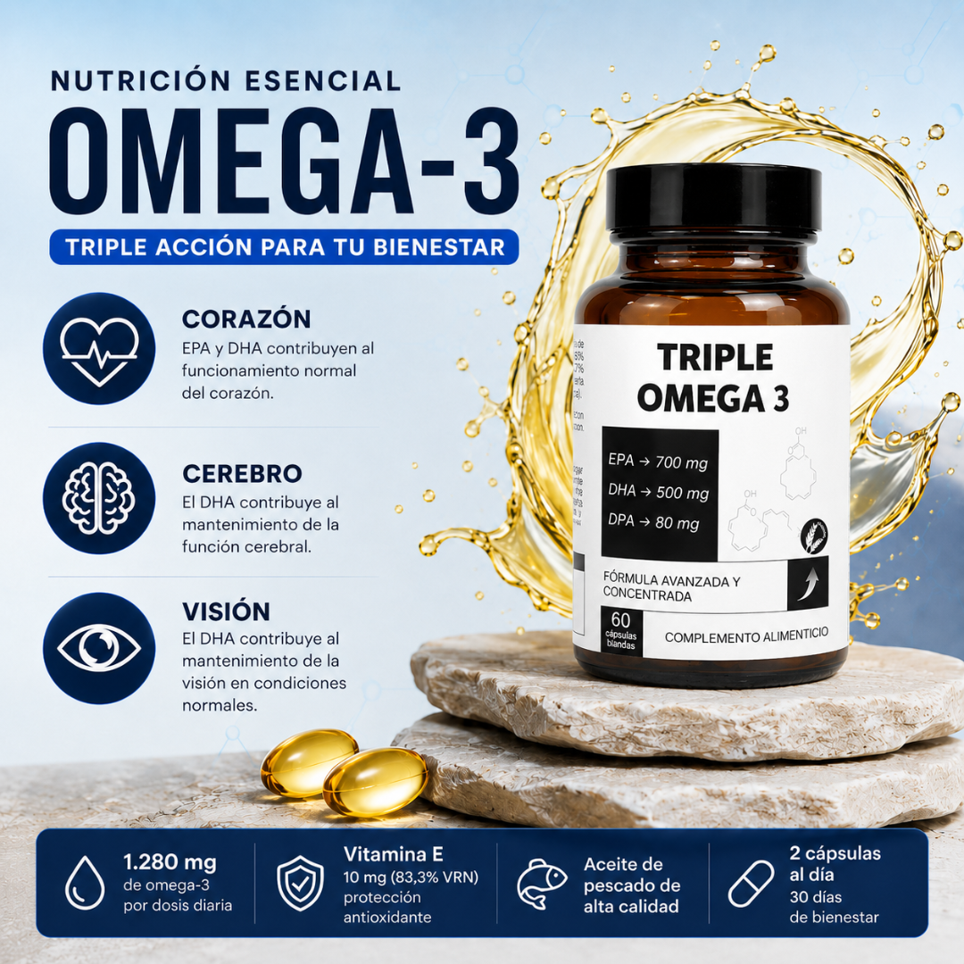 TRIPLE OMEGA 3 con 60 Perlas | Fórmula Avanzada con EPA, DHA, DPA y Vitamina E