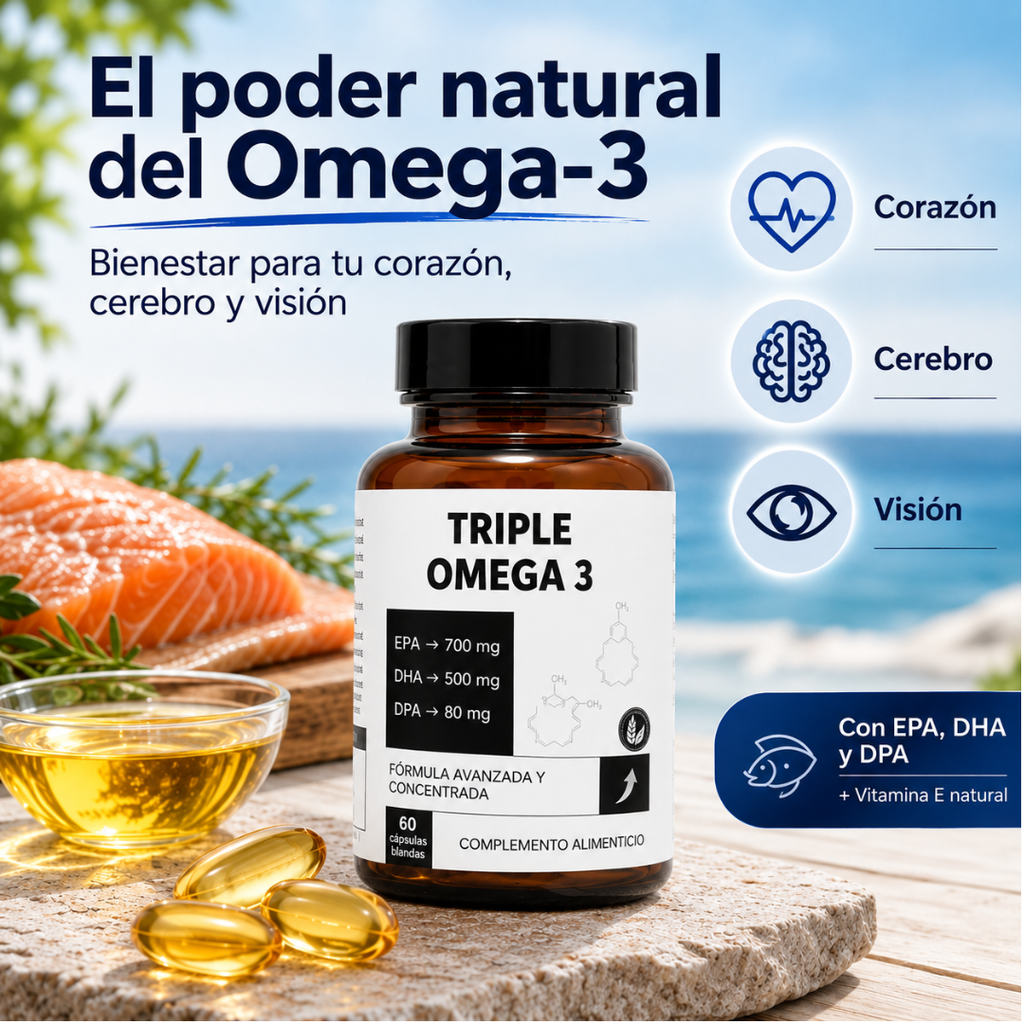 TRIPLE OMEGA 3 con 60 Perlas | Fórmula Avanzada con EPA, DHA, DPA y Vitamina E