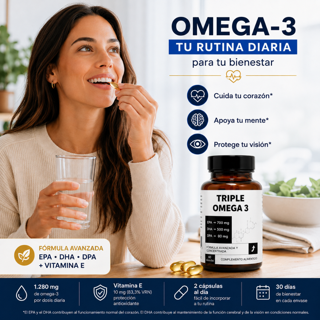 TRIPLE OMEGA 3 con 60 Perlas | Fórmula Avanzada con EPA, DHA, DPA y Vitamina E